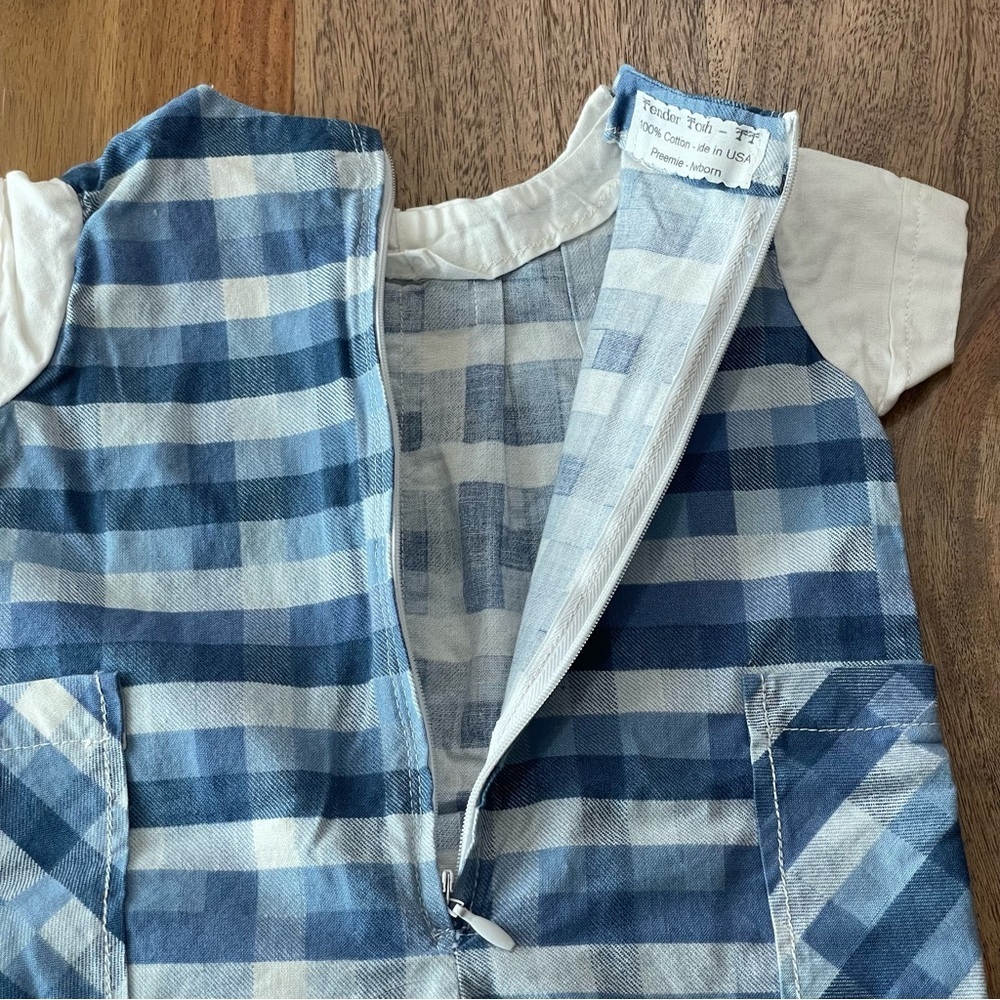 Vintage Tender Touch Baby Handcrafted Blue Plaid Cotton Romper Newborn-Preemie‎ - Picture 3 of 13